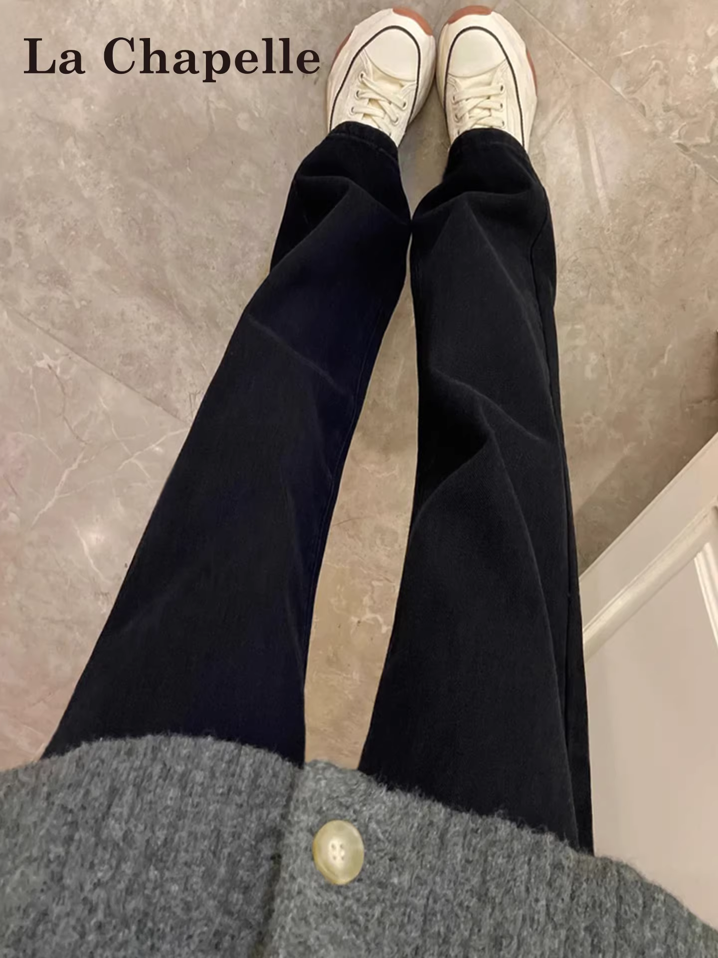 Quần jeans đen dáng rộng La Chapelle dành cho nữ, mẫu mới thu đông 2025, cạp cao, chất liệu lông cừu, dáng thẳng