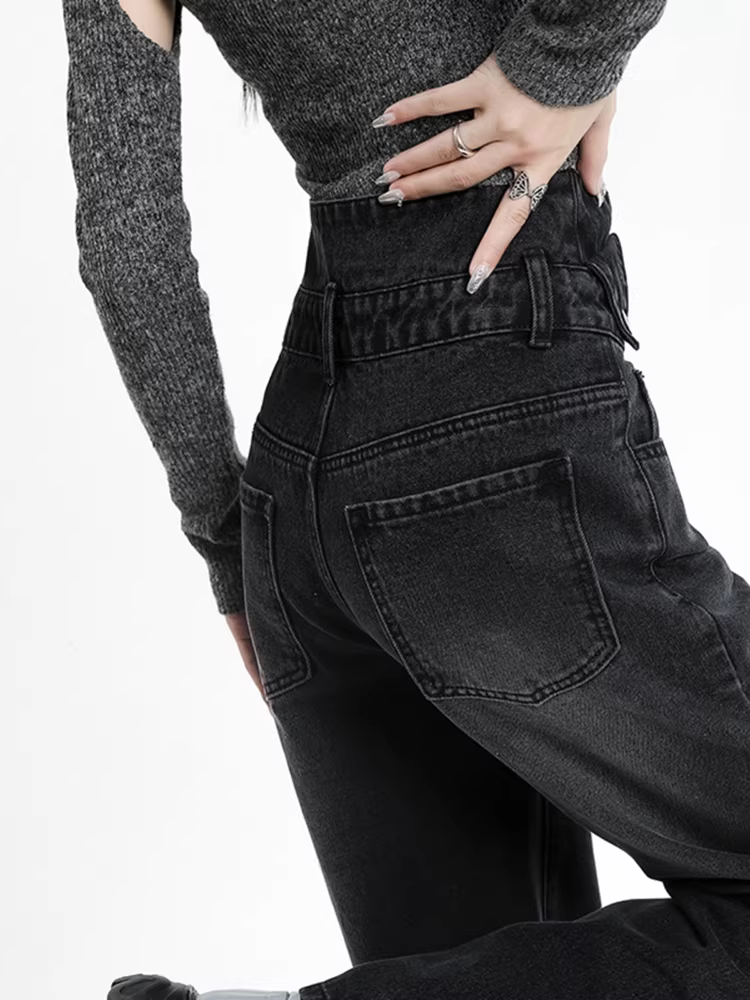 Quần jeans đen dáng rộng La Chapelle dành cho nữ, mùa thu đông 2025, kiểu mới cạp cao, lót lông, dáng thẳng