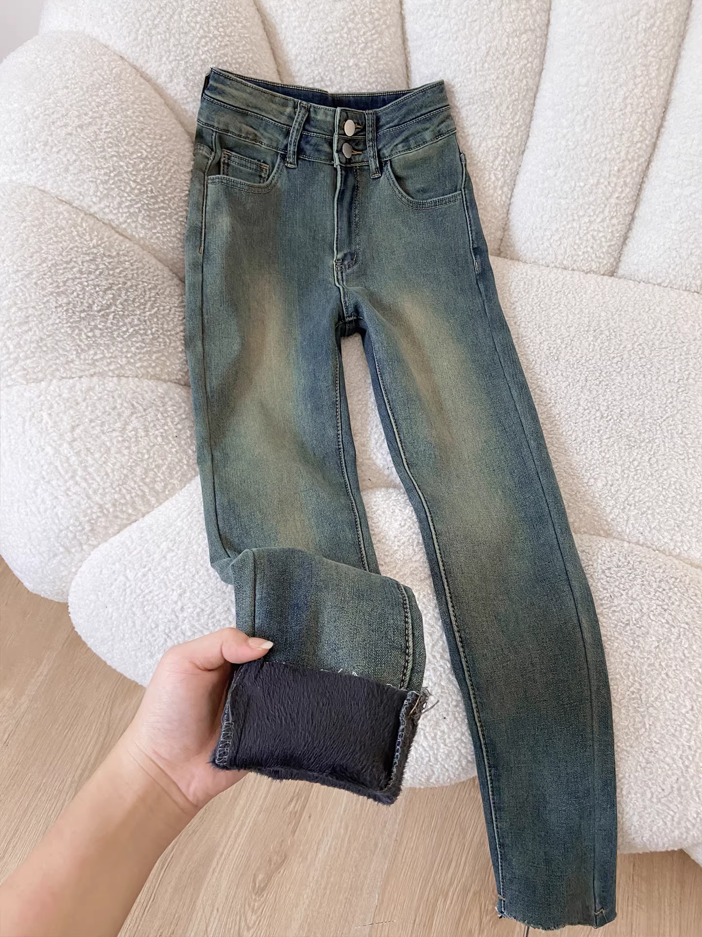 Quần jean nữ La Chapelle kiểu dáng retro, lót lông dày, ôm sát, cạp cao, tôn dáng, mùa thu đông 2025