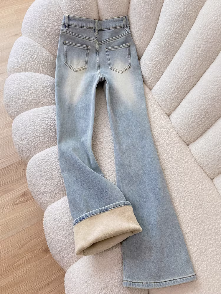 Quần jean dáng loe lót lông phong cách Mỹ La Chapelle dành cho nữ, kiểu mới thu đông 2025, quần ống chuông cạp cao tôn dáng, size nhỏ.