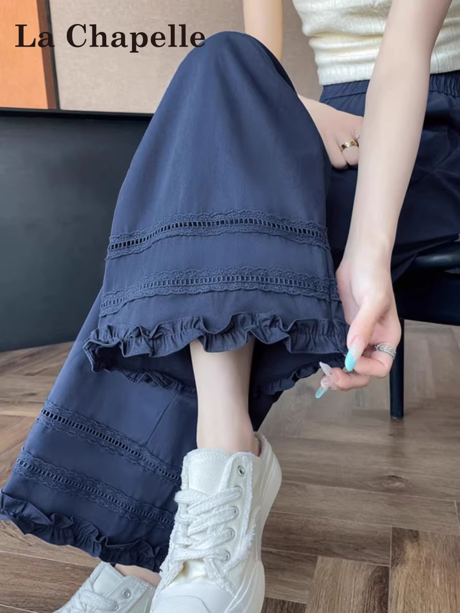 Quần ống rộng xếp nếp ren La Chapelle dành cho nữ, quần Yamamoto ống rộng ren rỗng mùa thu, chất liệu lụa băng, kiểu dáng thẳng