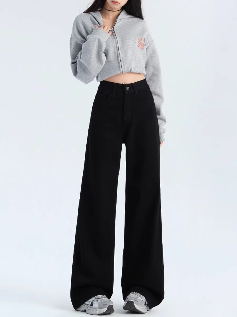 Quần jeans đen La Chapelle dáng rộng ống rộng dành cho nữ, mẫu mới thu đông 2025, cạp cao, chất liệu mềm mại, dài chấm đất, dáng thẳng