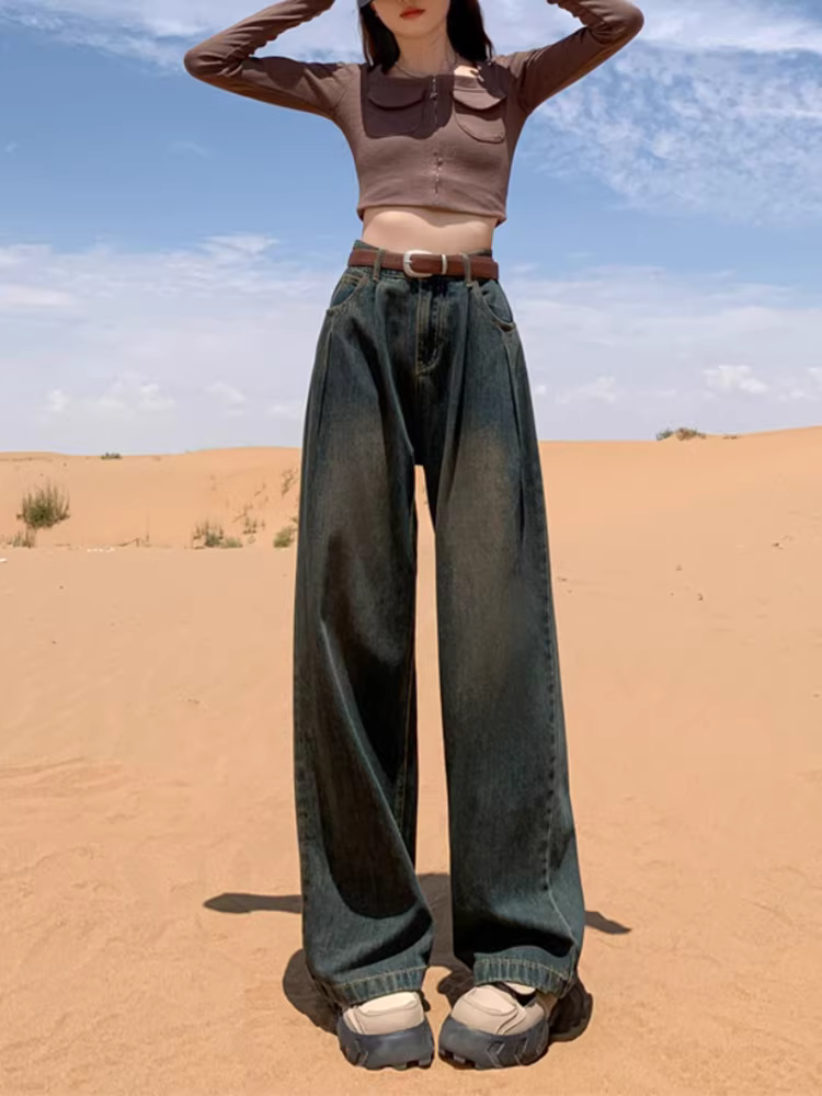 Quần jeans ống rộng màu kaki La Chapelle dành cho nữ, mẫu mới thu đông 2025, cạp cao, dáng rộng, tôn dáng, thẳng.