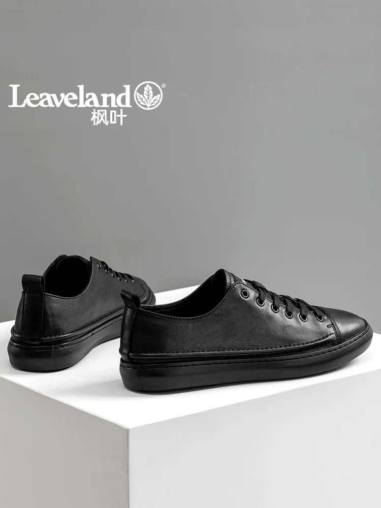 Giày nam Maple Leaf mùa thu Giày da thông thường thoáng khí Giày da thật Giày đế mềm Giày nam màu đen Giày thể thao màu đen mới Đa năng