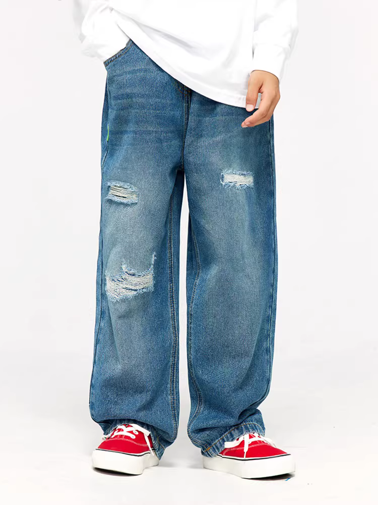 Quần jean ống thẳng cho bé trai và bé gái, quần ống rộng rách kiểu dáng mới, đa năng, phong cách thường ngày, dành cho học sinh, quần nhảy đường phố