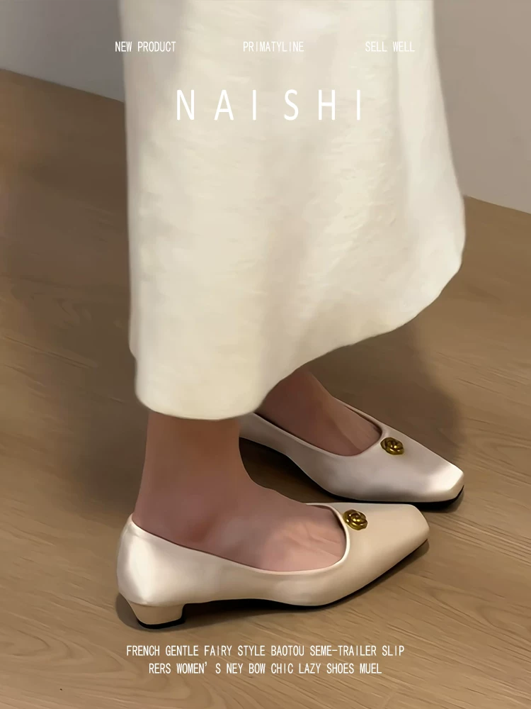 Phiên bản da cừu! Giày Mary Jane bằng vải satin Pháp dành cho nữ, kiểu lười, phong cách Chanel, thanh lịch, tiện lợi khi đi làm, mũi vuông, giày đơn đế thấp.