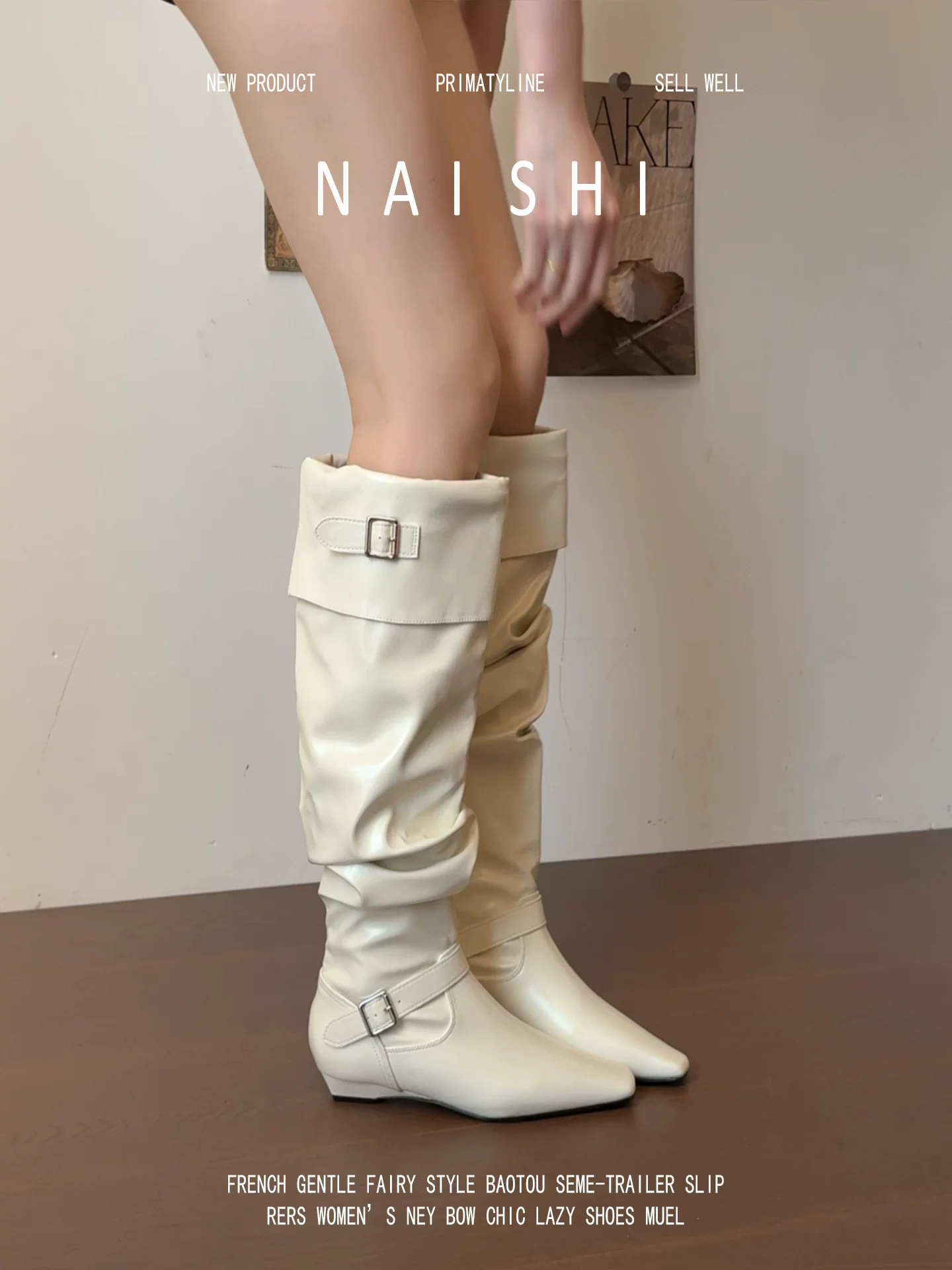 Phiên bản da cừu! Giày cao cổ kiểu Pháp màu trắng, gót wedge, kiểu dáng ôm sát với khóa thắt lưng, phong cách miền viễn tây, ủng dài.