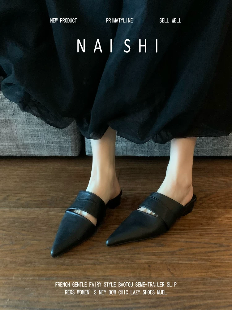 Phiên bản da cừu! Giày mules mũi nhọn cổ điển thanh lịch dành cho nữ, kiểu xỏ ngón màu đen, gót dày, mũi kín, kiểu nửa dép, thích hợp đi ngoài trời.