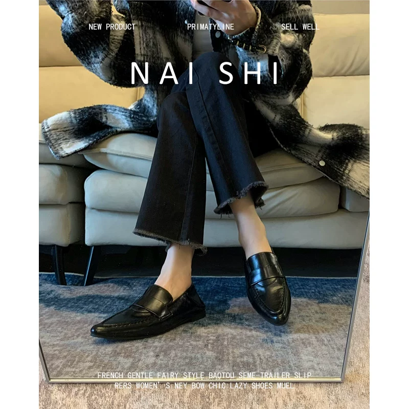 Phiên bản da cừu! Giày lười kiểu Anh dành cho nữ, giày da mũi nhọn kiểu slip-on, giày bệt da thật cổ điển màu đen có gót thấp.