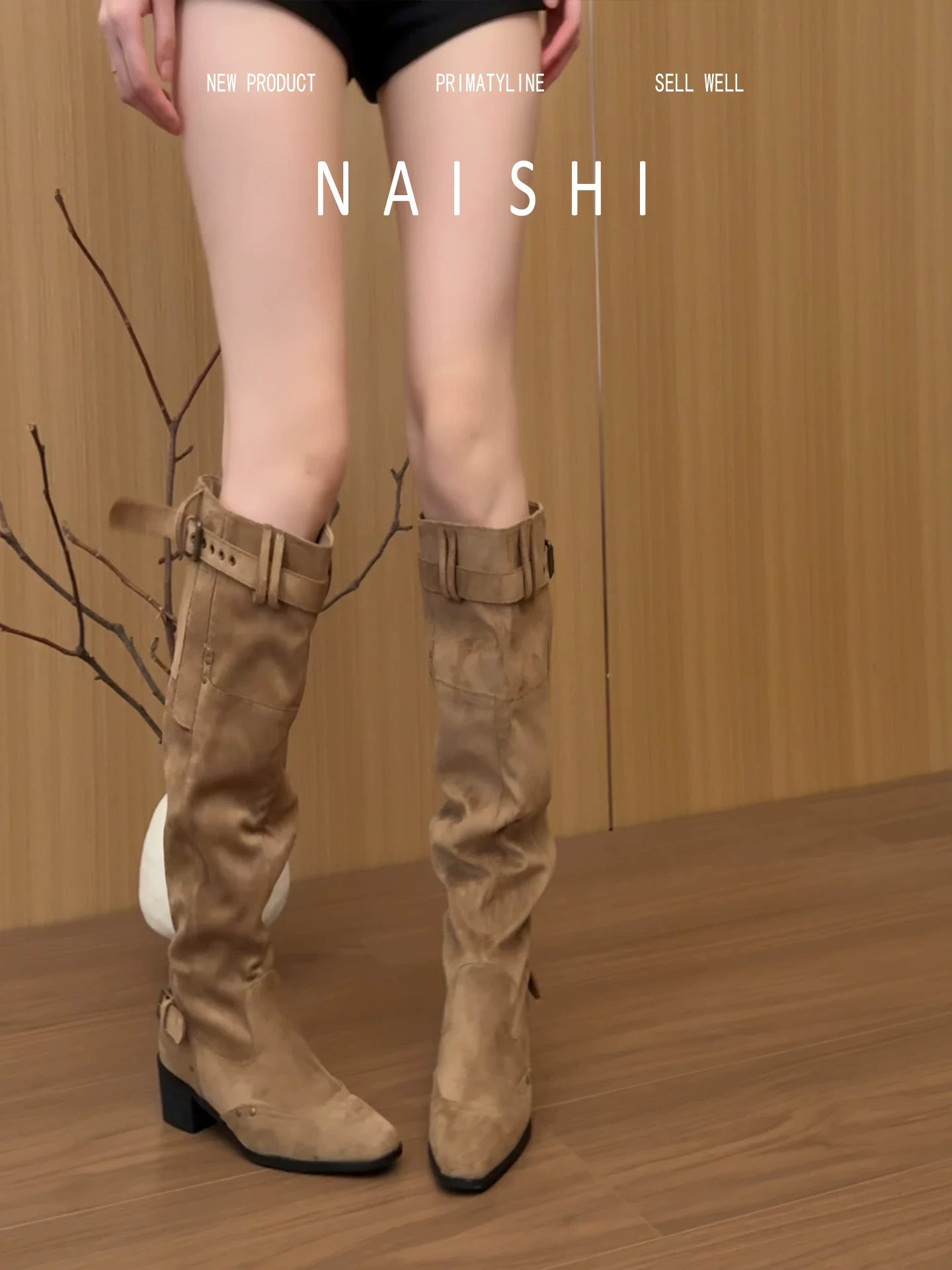 Phiên bản da cừu! Giày cao bồi kiểu miền hoang dành cho nữ, giày cao cổ màu kaki kiểu cổ điển có khóa thắt lưng, gót dày, kiểu dáng ôm dáng.