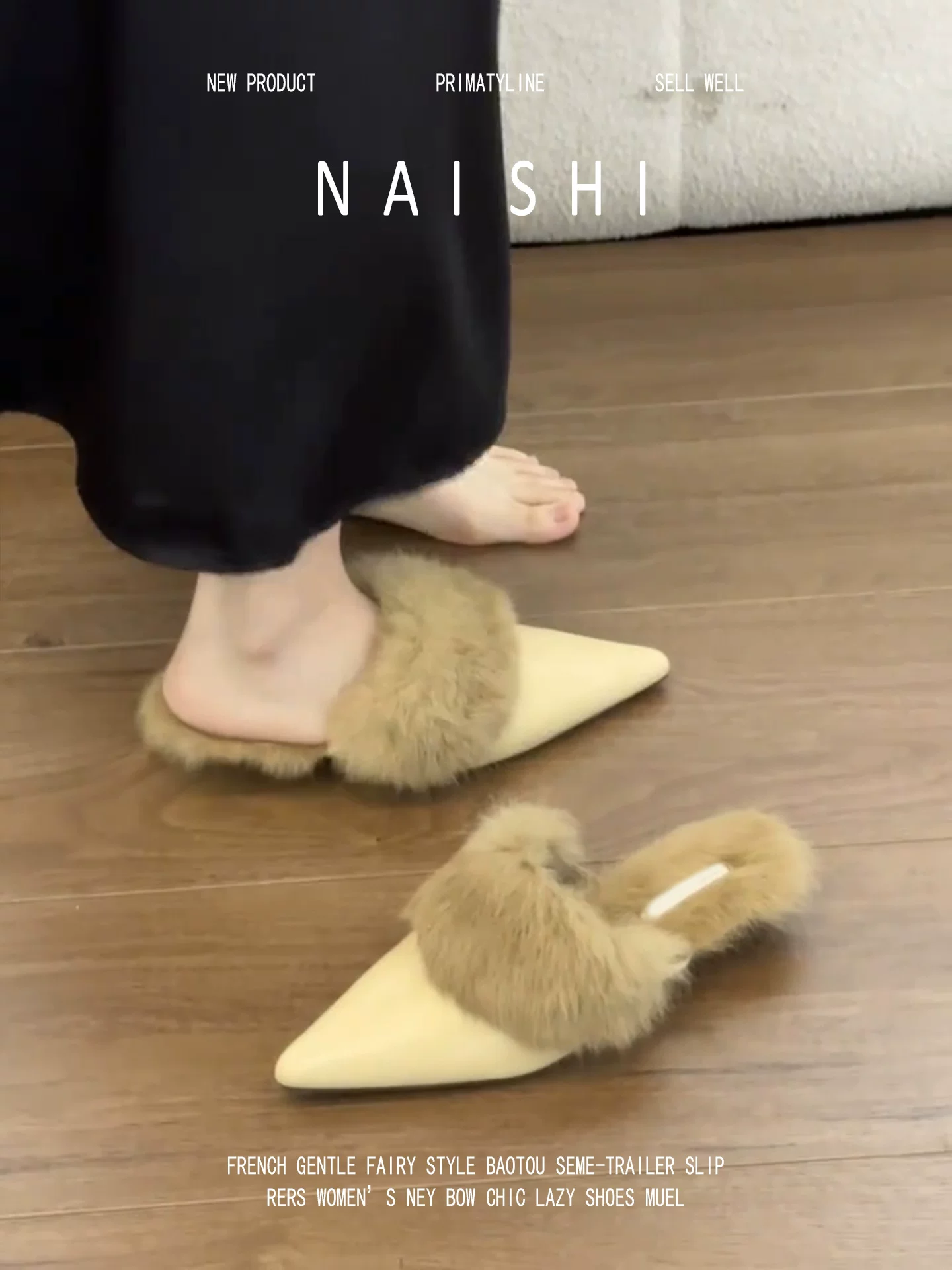 Phiên bản da cừu! Dép nửa kín mũi kiểu Âu Mỹ dành cho nữ, dép lông mũi nhọn đi ngoài trời, dép lê đế xuồng lót lông mùa đông.