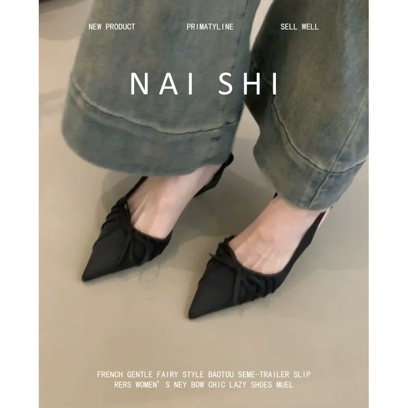 Phiên bản da cừu! Giày mules mũi nhọn kiểu Pháp dành cho nữ, giày cao gót satin thắt nơ thanh lịch dành cho quý cô, phối cùng váy, lưng hở.