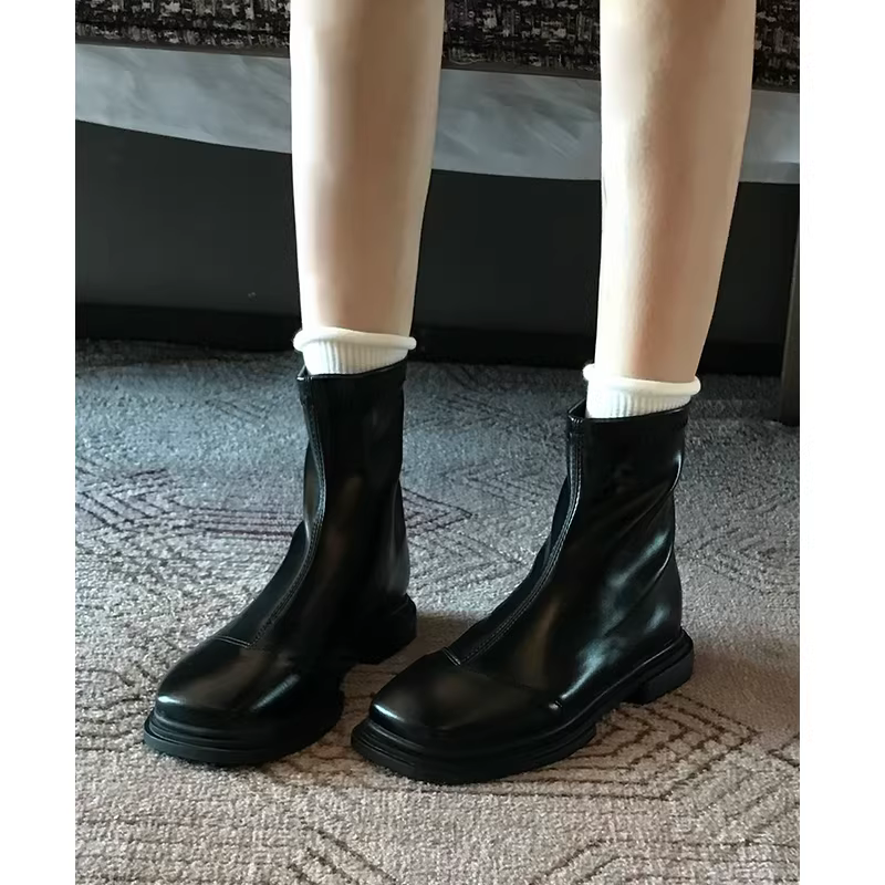 Phiên bản da cừu! Giày bốt ngắn kiểu Pháp dành cho nữ với gót dày, khóa kéo phía sau, bốt ôm sát co giãn, bốt Chelsea độc đáo, bốt đơn mùa xuân và mùa thu.