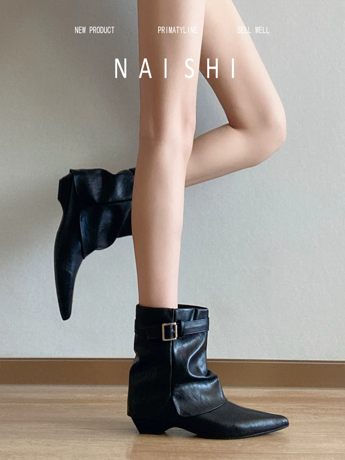 Phiên bản da cừu! Giày bốt nữ màu đen, mũi nhọn, gót wedge, bốt ngắn, bốt Martin xếp lớp, bốt cưỡi ngựa có khóa thắt lưng phong cách hot girl.