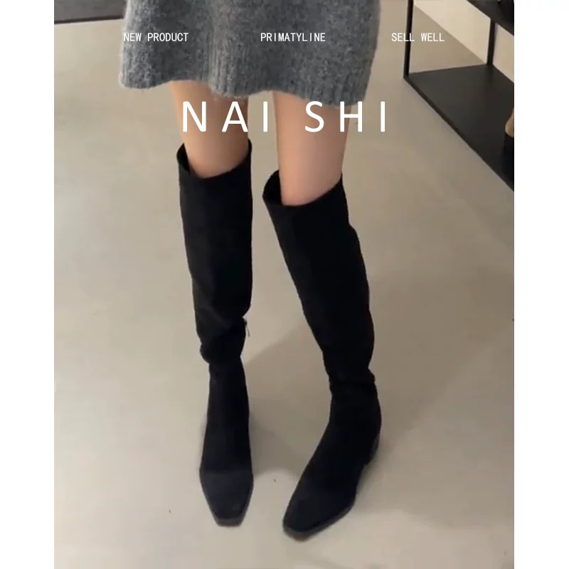 Phiên bản da cừu! Giày bốt kiểu Pháp dáng ôm, bốt cao quá đầu gối co giãn dành cho nữ, bốt xếp ly bằng da lộn, bốt cưỡi ngựa tăng chiều cao.
