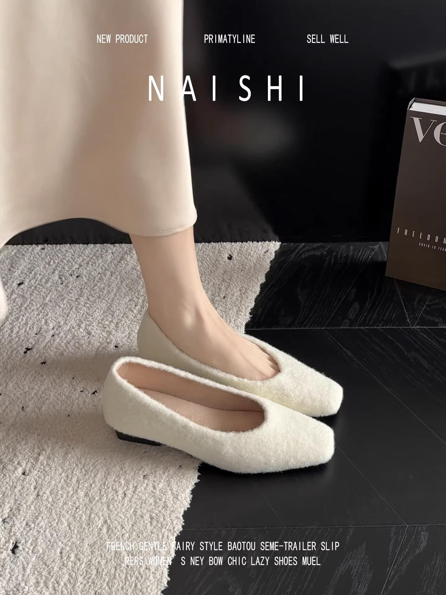 Phiên bản da cừu! Giày lông Mary Jane kiểu Pháp, giày lông đơn giản mũi vuông dành cho nữ, giày lười đế mềm lót lông cừu.