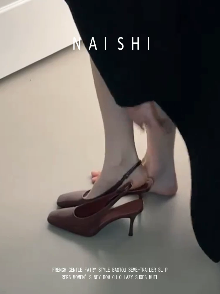 Phiên bản da cừu! Dép sandal nữ kiểu cổ điển, mũi kín, gót nhọn, giày cao gót đi làm, quai sau, mũi vuông, giày da thật.