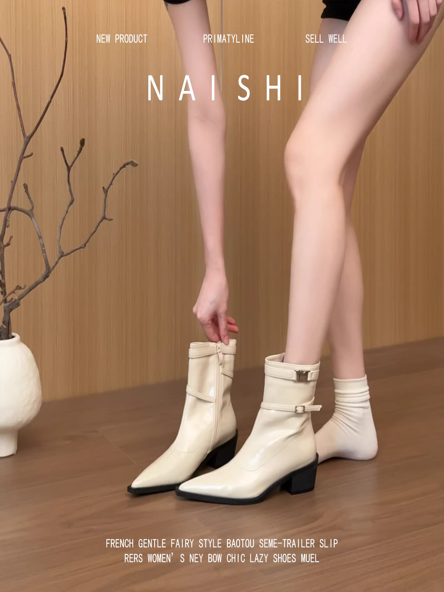 Phiên bản da cừu! Giày cao đến mắt cá chân mũi nhọn kiểu Pháp có gót nhọn có khóa kéo bên hông, giày bốt ôm sát có khóa thắt lưng, giày bốt Martin màu trắng thanh lịch.