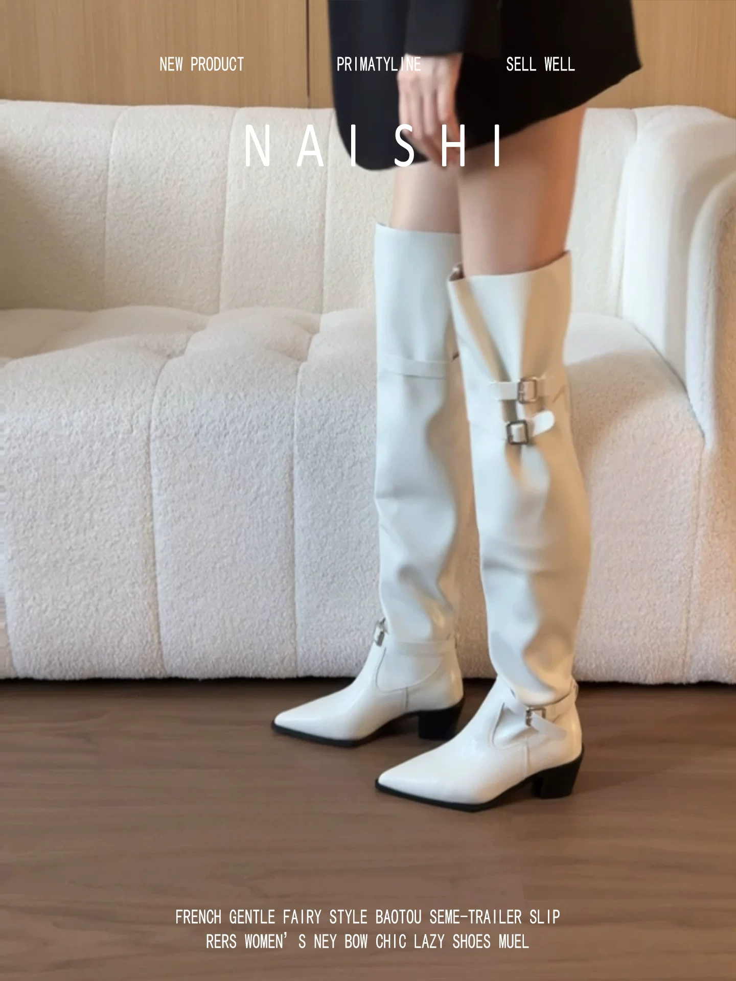 Phiên bản da cừu! Giày bốt nữ cao quá đầu gối mũi nhọn, có khóa thắt lưng, thân rộng, gót dày thon gọn, kiểu bốt miền Tây màu trắng.