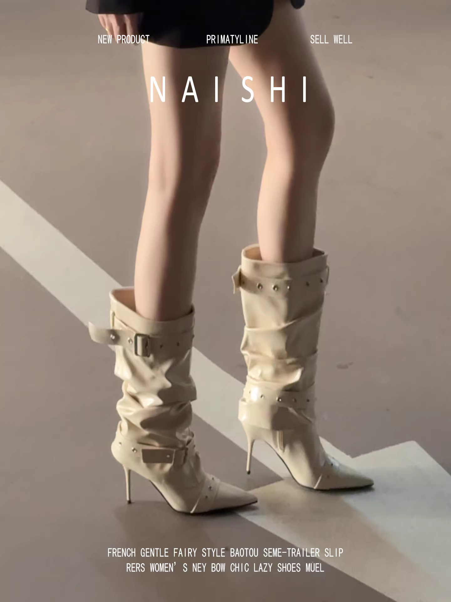 Phiên bản da cừu! Giày cao cổ mũi nhọn có đinh tán, khóa thắt lưng, gót nhọn, kiểu punk, giày bốt trắng dành cho nữ.