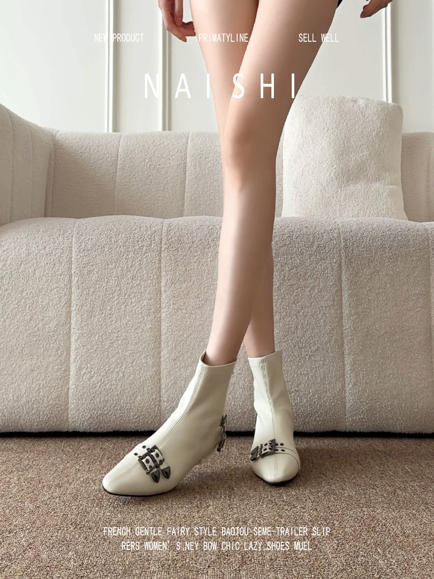 Phiên bản da cừu! Giày bốt trắng co giãn kiểu Pháp, mũi nhọn, gót wedge, bốt ngắn có khóa kéo phía sau và khóa thắt lưng, kiểu Martin.
