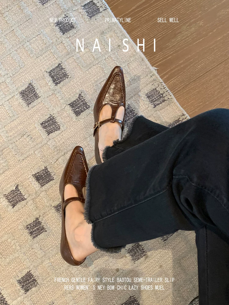 Phiên bản da cừu! Giày cao gót mũi nhọn phong cách Âu Mỹ dành cho nữ, giày cao gót kiểu retro cao cấp quai chữ T, giày cao gót thấp đi làm.