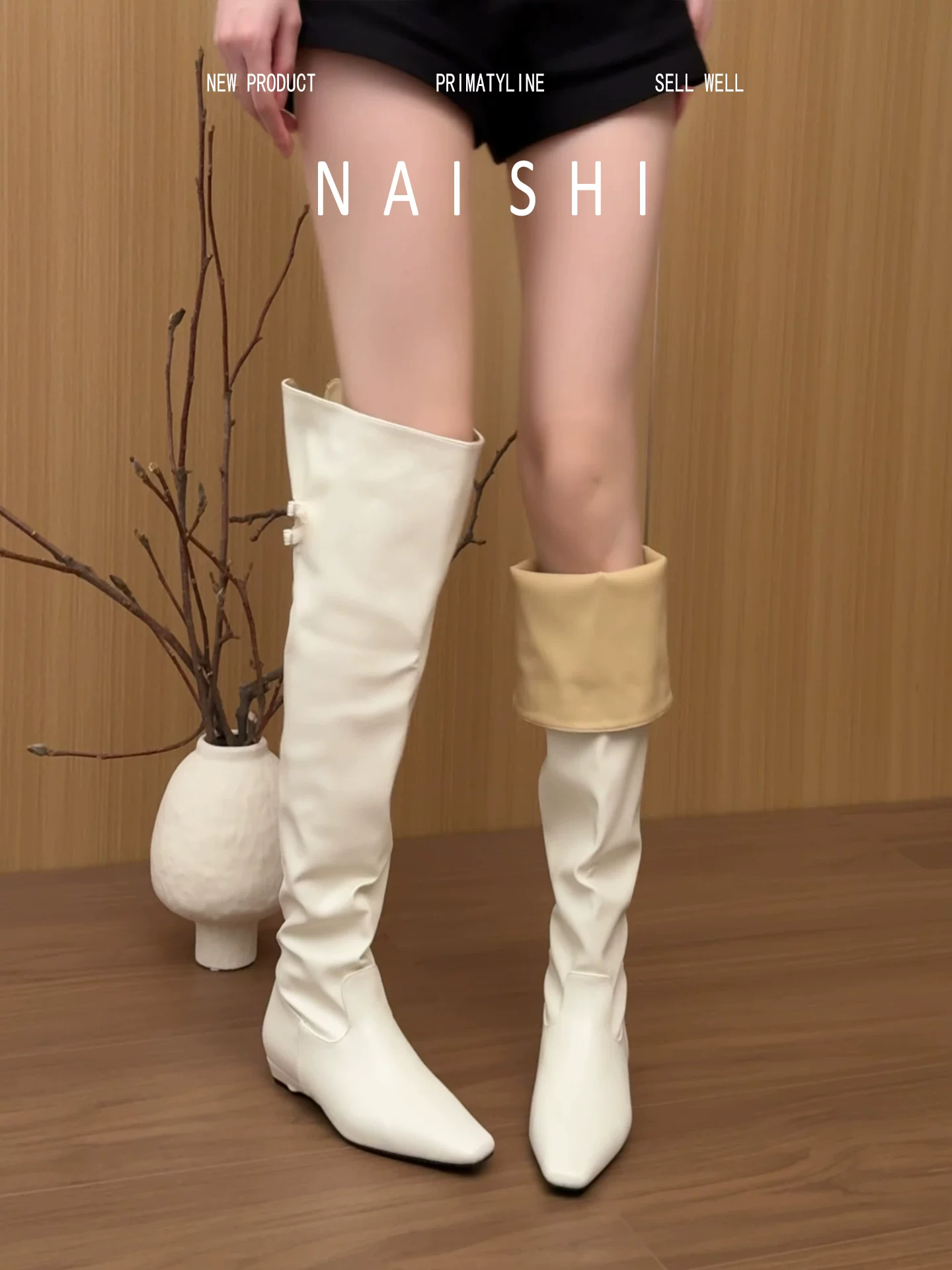 Phiên bản da cừu! Giày bốt cao quá đầu gối màu trắng, kiểu nữ tính, gót wedge, mũi nhọn, phong cách Anh, kiểu cao bồi miền Tây.