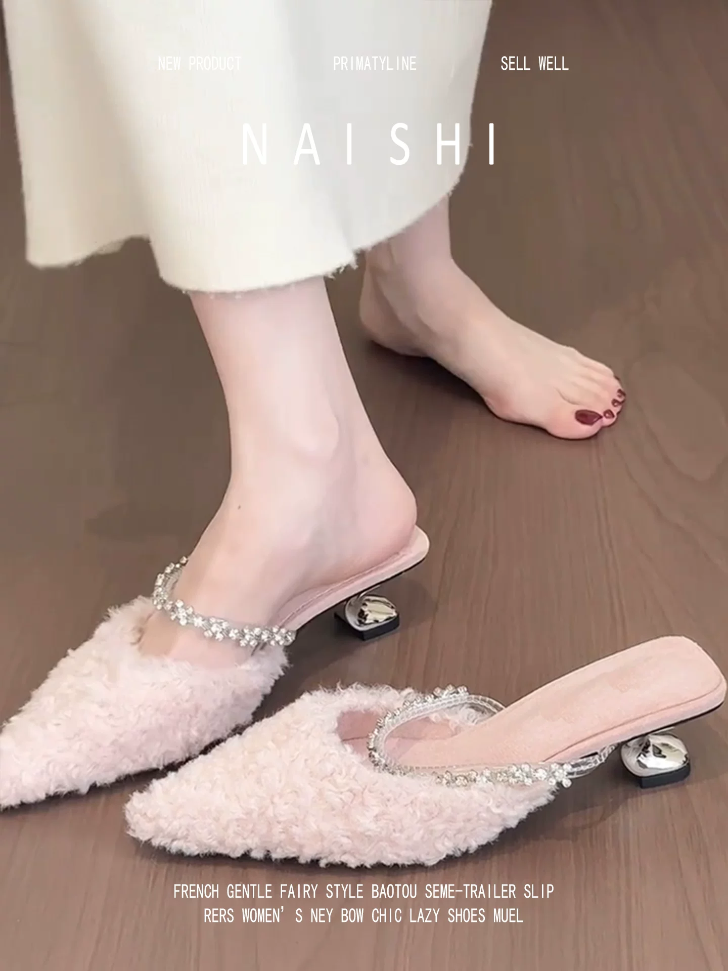 Phiên bản da cừu! Dép lông phong cách Chanel dành cho nữ, mặc ngoài trời, dây đeo đính đá, dép mũi nhọn, giày cao gót kiểu tiên nữ.