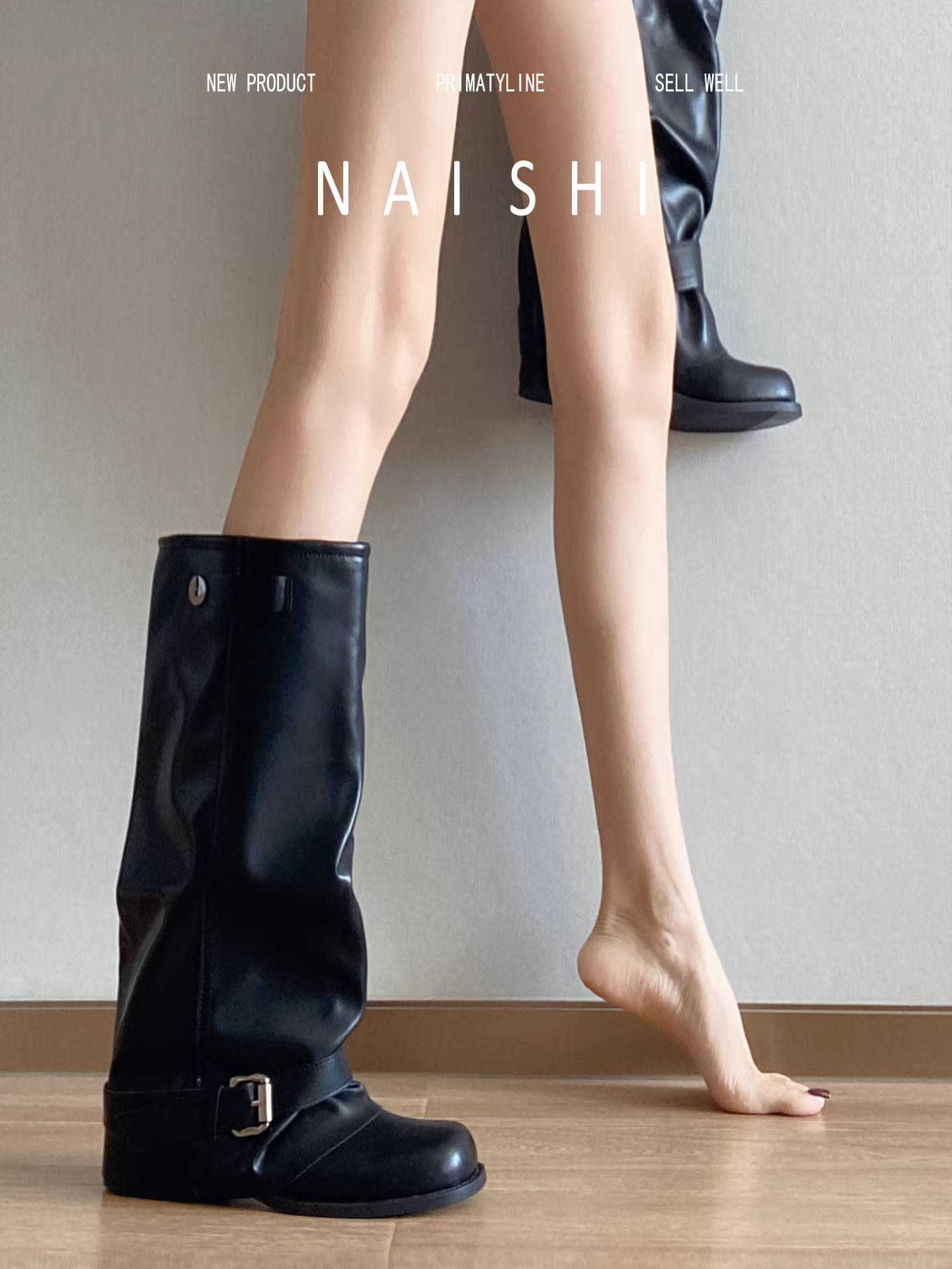 Phiên bản da cừu! Giày bốt hiệp sĩ cổ điển với khóa thắt lưng đa năng, gót dày, giày bốt đen dành cho nữ, giày bốt cao cổ thon gọn.