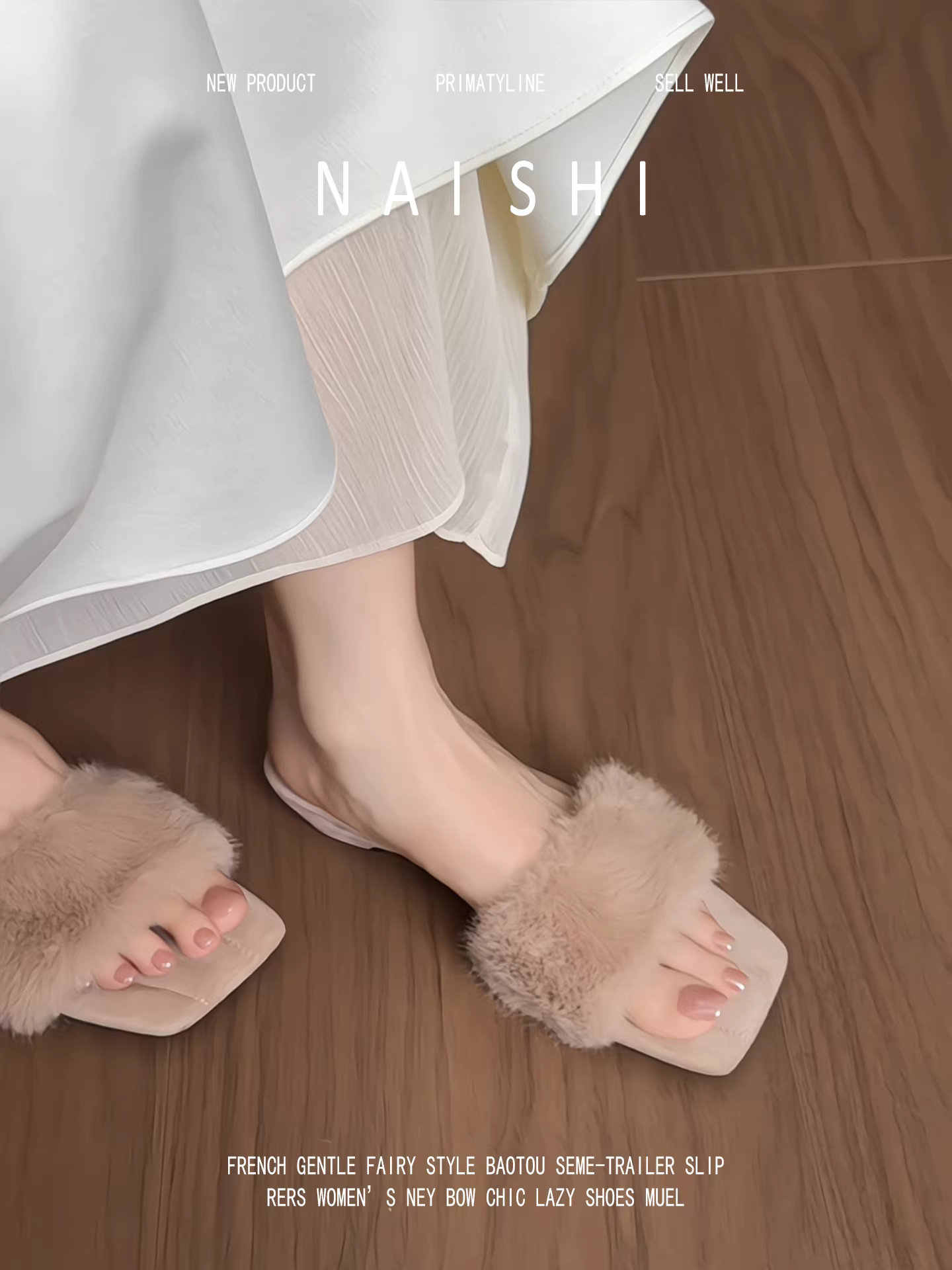 Phiên bản da cừu! Dép lông phong cách Pháp dành cho nữ, mũi vuông, hở mũi, gót thấp, kiểu lười, phong cách nữ tính, dép màu nude.