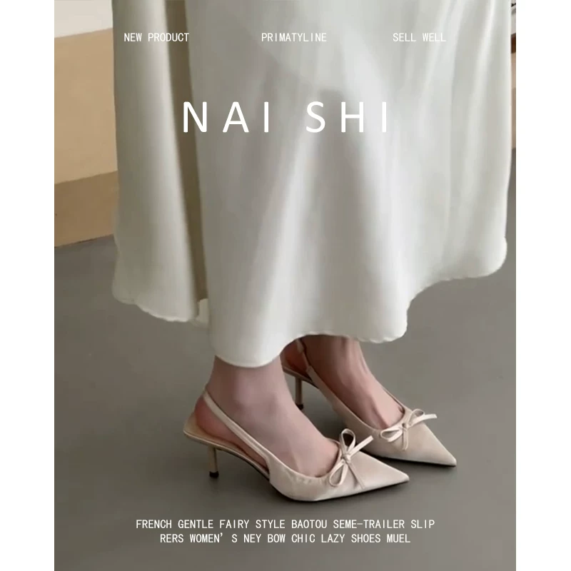 Phiên bản da cừu! Giày mules cao gót mũi nhọn dành cho nữ có nơ, giày cao gót không gót bằng satin, giày cao gót phối chân váy, giày đơn.