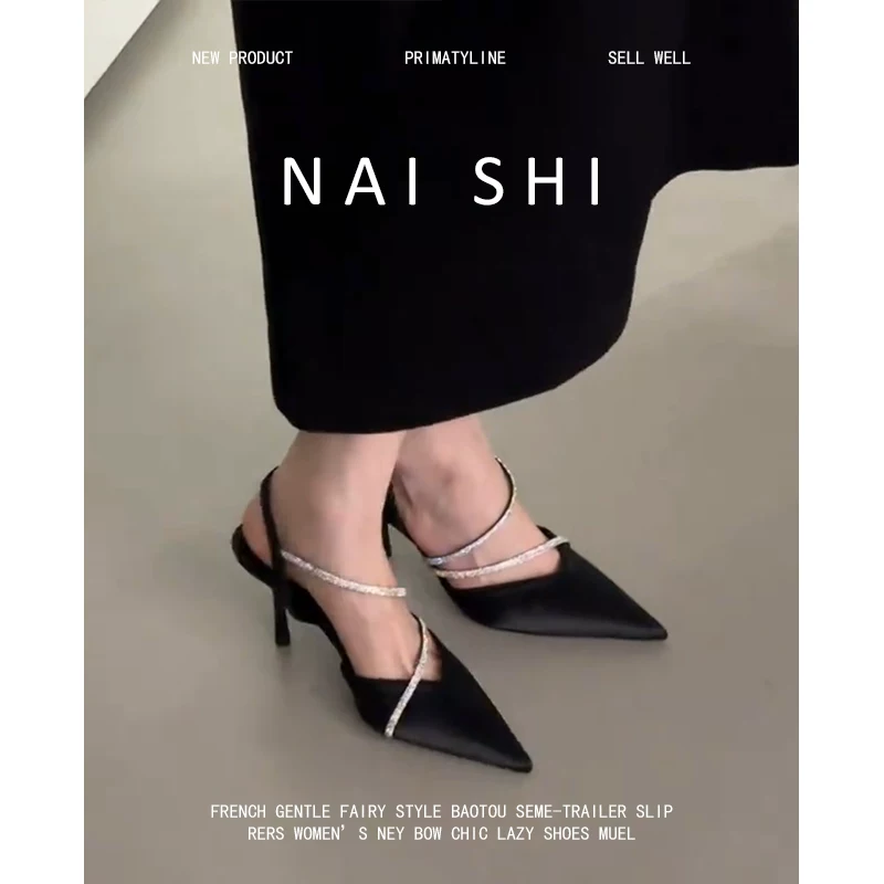 Phiên bản da cừu! Dép sandal nữ kiểu Pháp thanh lịch, mũi kín, quai đính đá, giày cao gót dự tiệc, giày mũi nhọn.