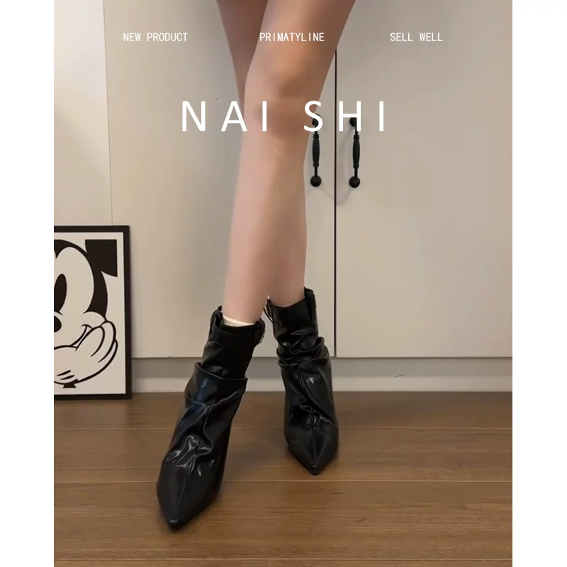 Phiên bản da cừu! Giày bốt cao gót ngắn có khóa thắt lưng thời trang dành cho nữ, mũi nhọn, bốt xếp ly, da thật, gót nhọn thanh lịch, bốt co giãn.