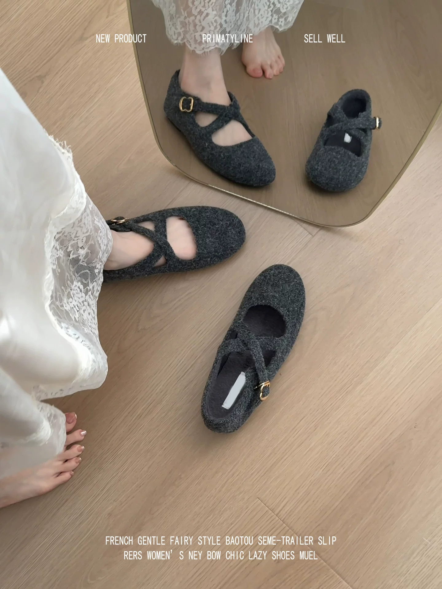 Phiên bản da cừu! Giày lông tròn mũi tròn kiểu retro, dây đeo chéo, giày cotton lót lông cừu ấm áp, giày Mary Janes len màu xám đa năng.