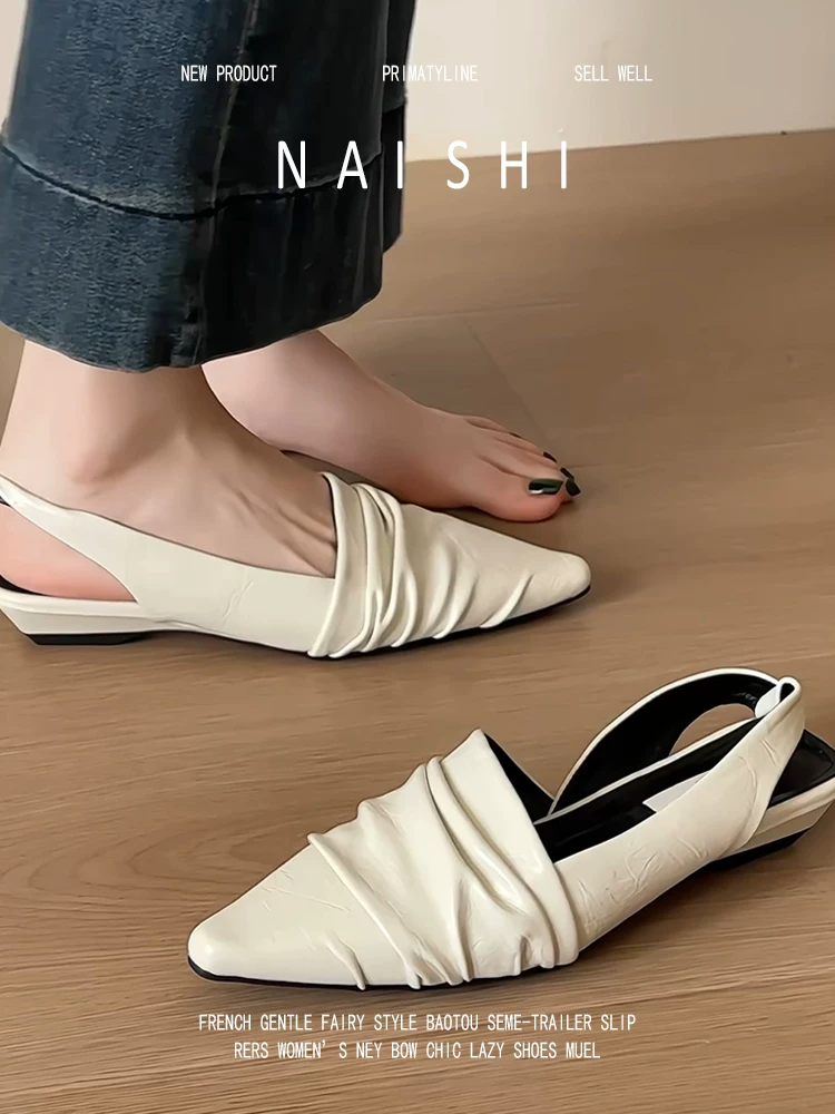 Phiên bản da cừu! Dép quai hậu xếp ly cổ điển dành cho nữ, mũi nhọn, giày đế xuồng kiểu Mary Jane thời trang, độc đáo.
