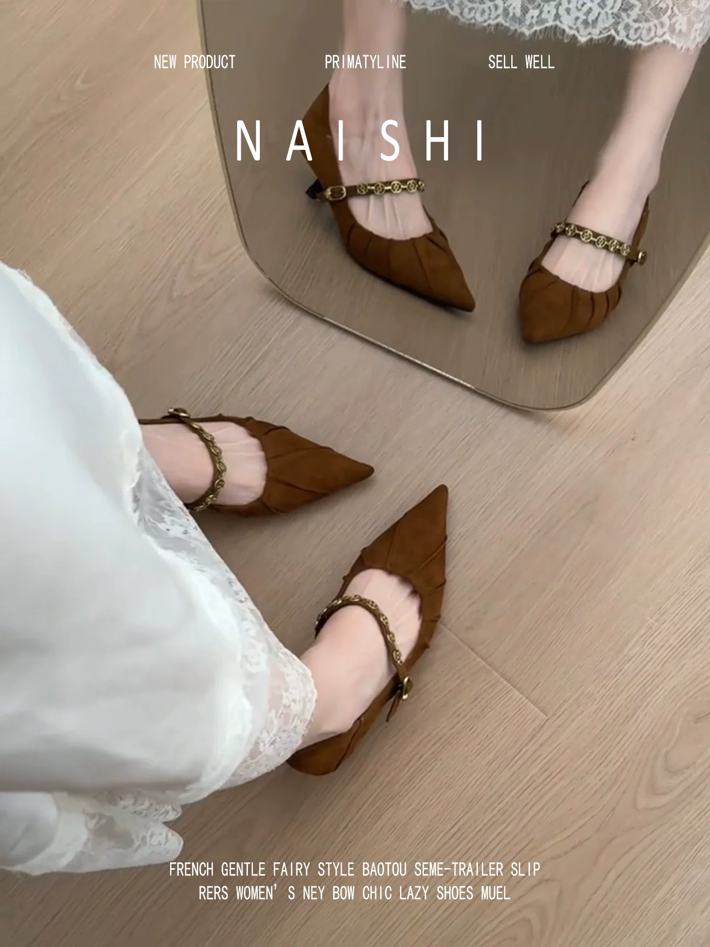 Phiên bản da cừu! Giày cao gót quai xếp ly cổ điển, nữ tính và cao cấp, giày mũi nhọn gót kitten dây xích kim loại