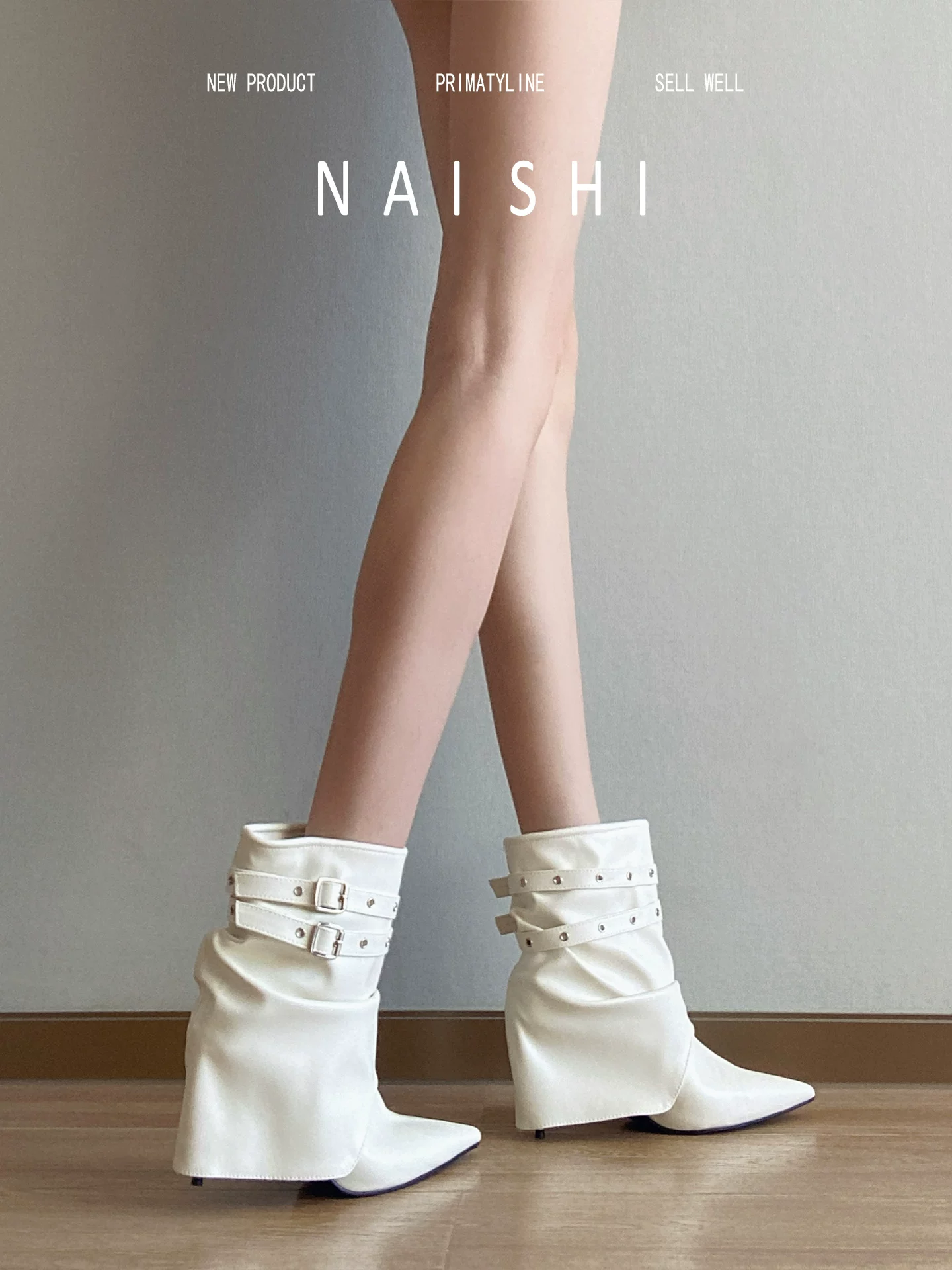 Phiên bản da cừu! Giày bốt cao gót mũi nhọn thời trang mang phong cách Pháp cao cấp, bốt trắng phối dây lưng, bốt cao gót dáng thon.