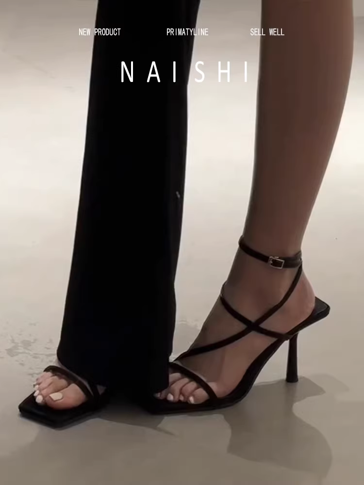 Phiên bản da cừu! Dép quai ngang mũi vuông dành cho nữ, giày cao gót, giày cao gót hở mũi gợi cảm, dép La Mã quai mảnh màu đen.