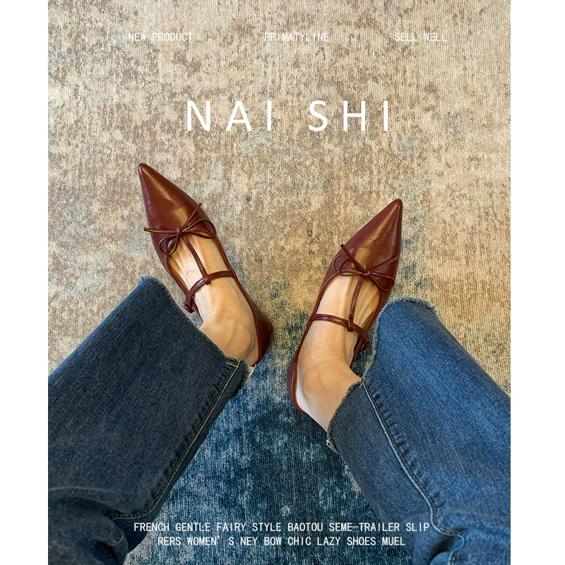 Phiên bản da cừu! Giày Mary Jane mũi nhọn kiểu Pháp dành cho nữ, giày quai chữ T miệng nông phối cùng váy, giày bệt màu đỏ.