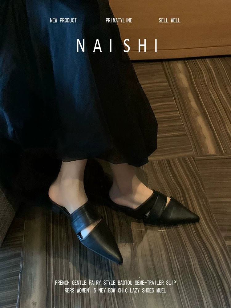 Phiên bản da cừu! Giày mules mũi nhọn cổ điển thanh lịch dành cho nữ, kiểu xỏ ngón màu đen, gót dày, mũi kín, kiểu nửa dép, thích hợp đi ngoài trời.