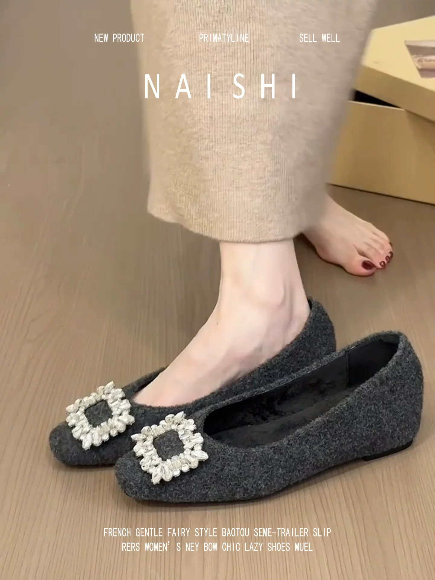 Phiên bản da cừu! Giày Mary Jane len cổ điển dành cho nữ, kiểu lười có khóa vuông đính đá, phong cách dạ hội, giày lười tăng chiều cao.