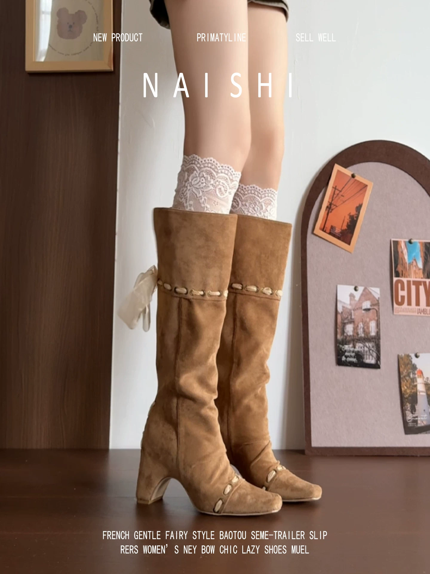 Phiên bản da cừu! Giày cao cổ Maillard Western Knight, phong cách đất hoang, kiểu dáng hot girl, thiết kế buộc dây, giày cao gót dài.