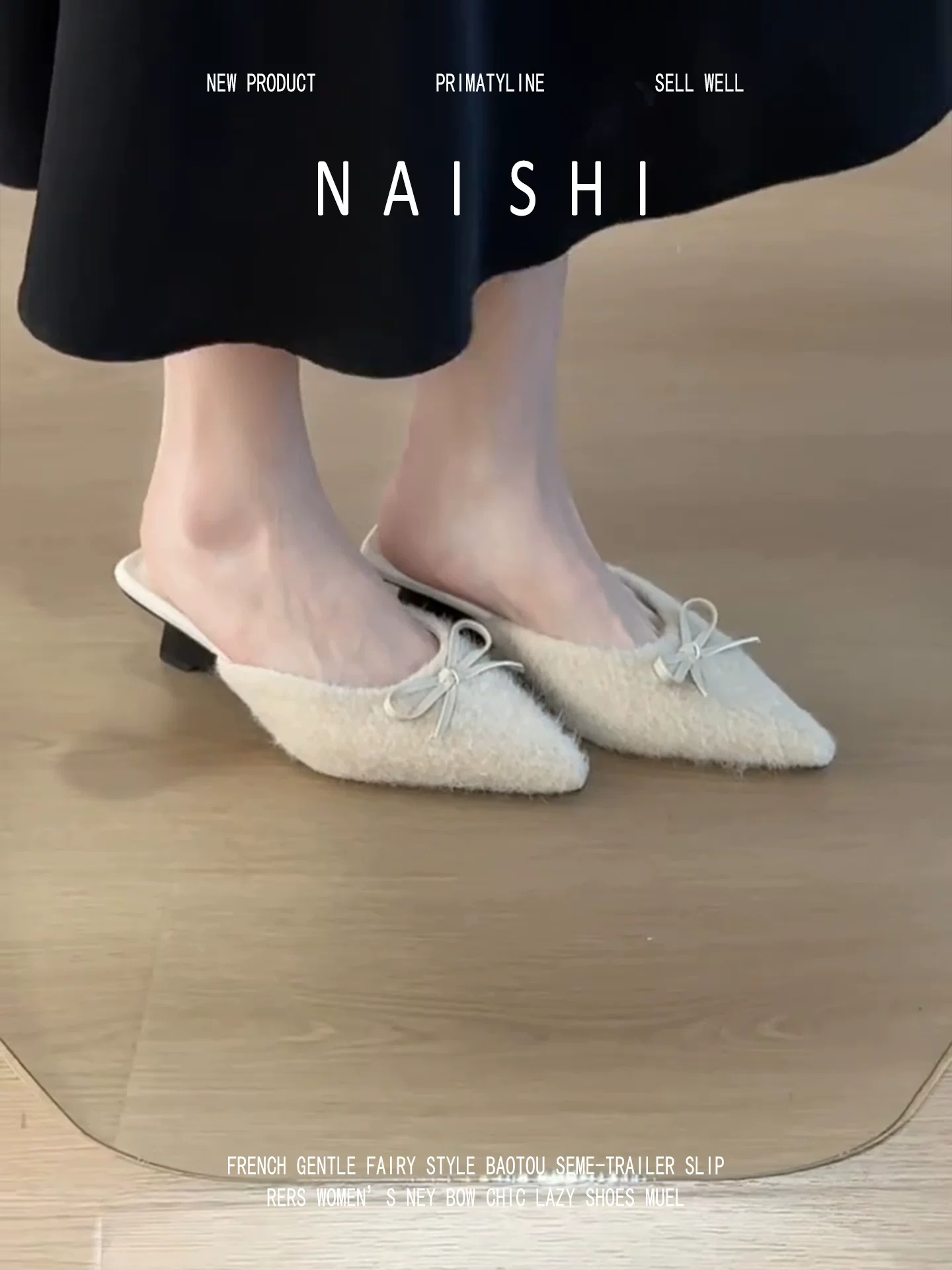 Phiên bản da cừu! Giày mules mũi nhọn thắt nơ dành cho nữ, kiểu dáng thời trang và thanh lịch khi đi làm, giày lông có gót đế xuồng.