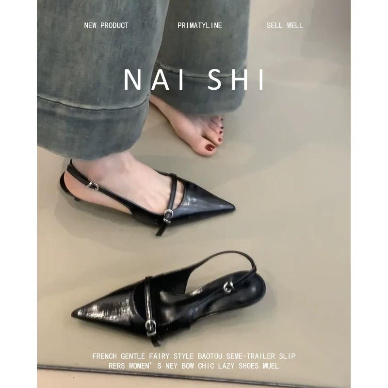 Phiên bản da cừu! Giày cao gót màu đen, nữ tính, cao cấp, thoải mái, gót mèo, mũi nhọn, dép kín mũi kiểu Pháp.
