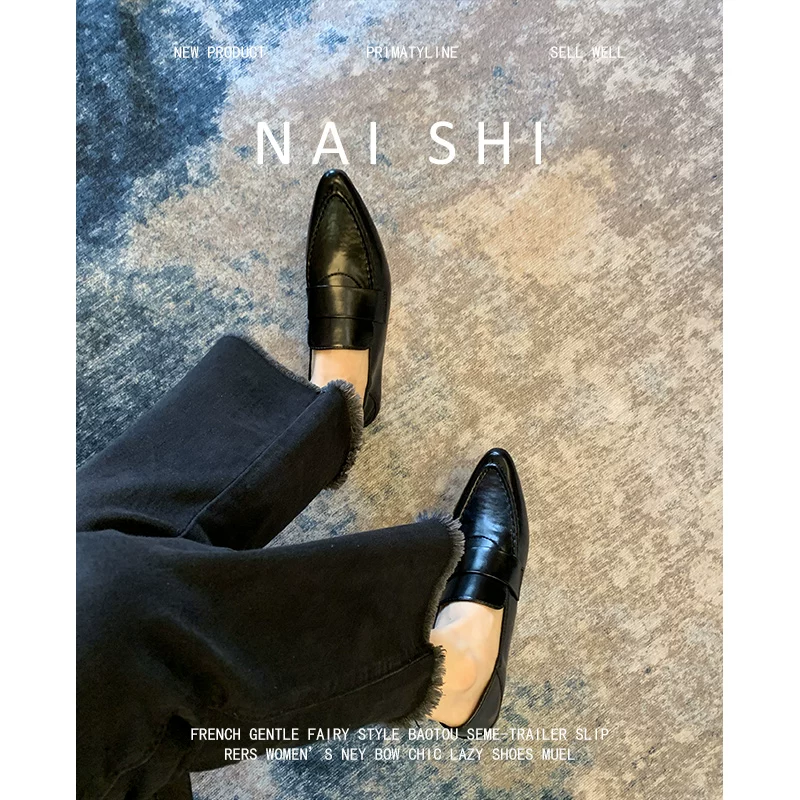 Phiên bản da cừu! Giày lười kiểu Anh dành cho nữ, giày da mũi nhọn kiểu slip-on, giày bệt da thật cổ điển màu đen có gót thấp.