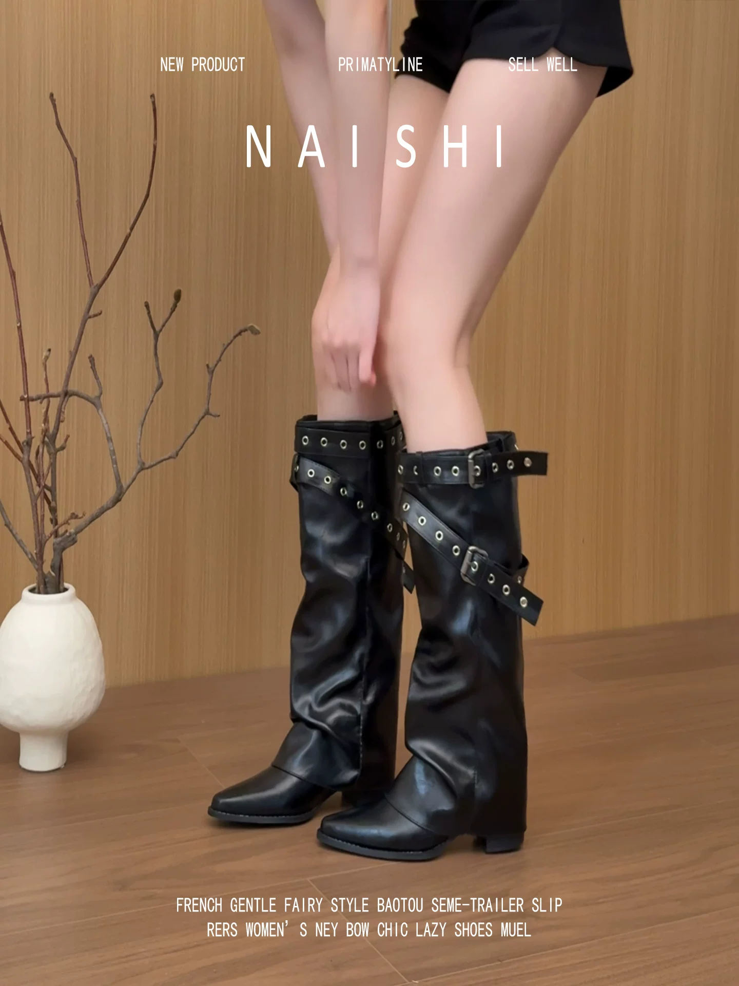 Phiên bản da cừu! Giày bốt nữ hiệp sĩ đen hot girl, khóa thắt lưng, bốt cao cổ xếp lớp, gót dày, kiểu miền Tây, mũi nhọn, kiểu quần ống rộng