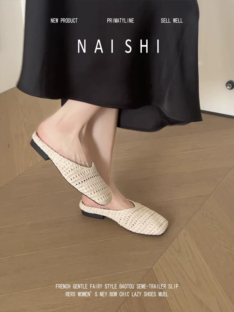 Phiên bản da cừu! Dép nửa mũi kín kiểu dệt cổ điển dành cho nữ, dép xỏ ngón thoáng khí, kiểu dáng giản dị.