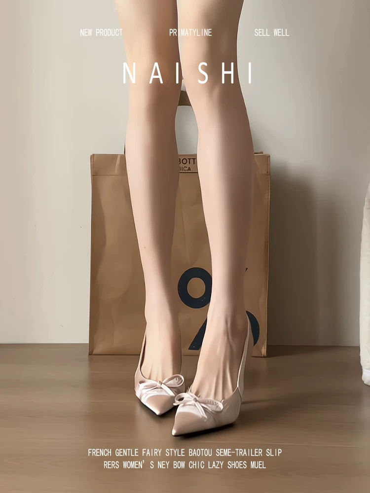 Phiên bản da cừu! Giày cao gót mũi nhọn, dây buộc nơ, chất liệu satin dành cho nữ, kiểu dáng tiên nữ Pháp, gót nhọn, sandal không gót, mũi kín.