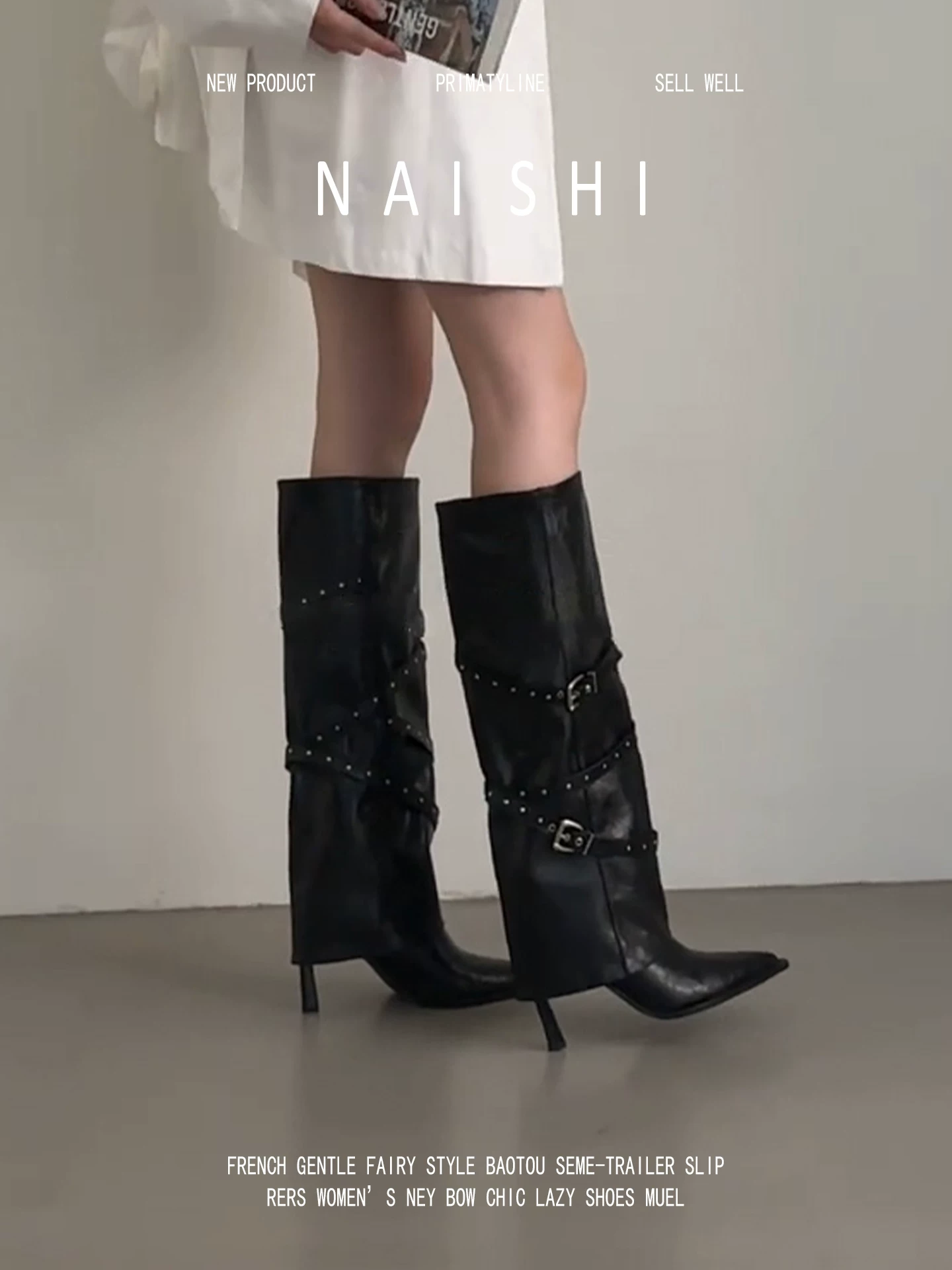 Phiên bản da cừu! Giày bốt nữ mũi nhọn đế thẳng kiểu hot girl, giày cao gót đinh tán phong cách punk, giày cao cổ có khóa thắt lưng.
