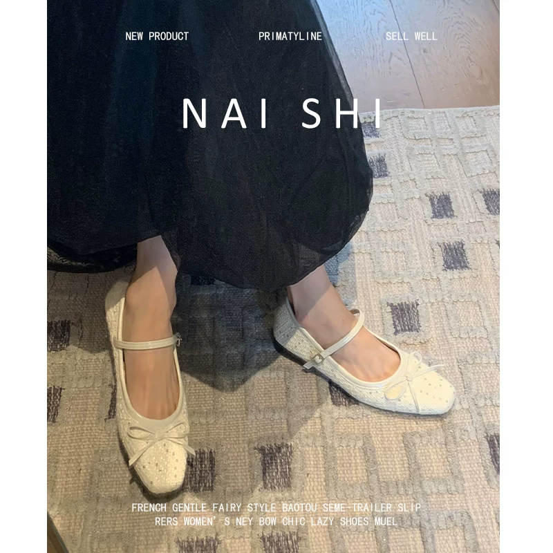 Phiên bản da cừu! Giày Mary Jane mũi vuông kiểu Chanel dành cho nữ với nơ đính sequin, thích hợp phối với váy.